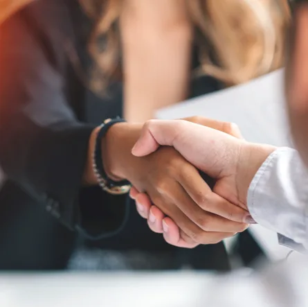 Two professional shaking hands after legal business meeting.