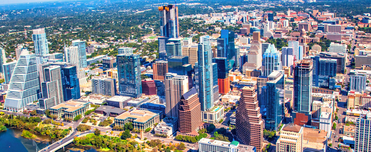 Aerial view of office buildings in Austin, Texas