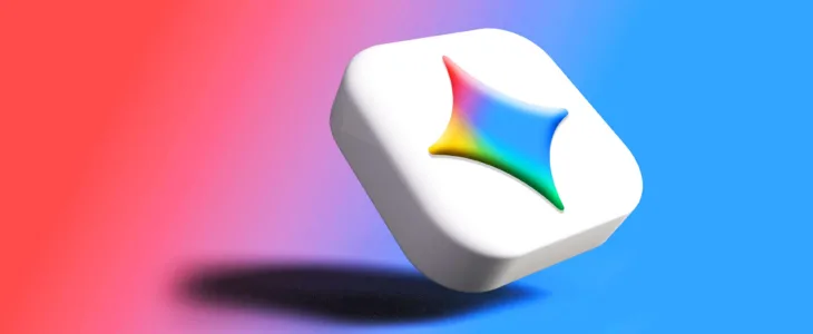 Google Gemini Logo floating on a blue and red background.