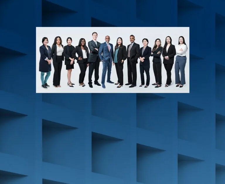 A full-length group photo of a diverse team of professionals in business attire.