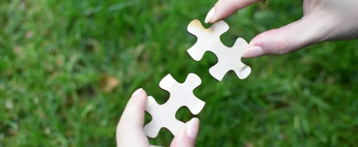 A close-up shot of two hands holding two puzzle pieces.
