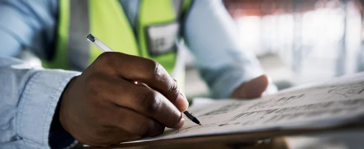 A close-up shot of a person in a safety vest writing on a blueprint.