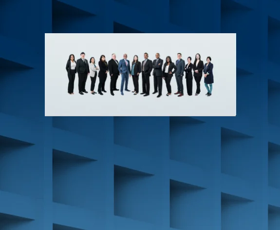 A full-length group photo of a diverse team of professionals in business attire.